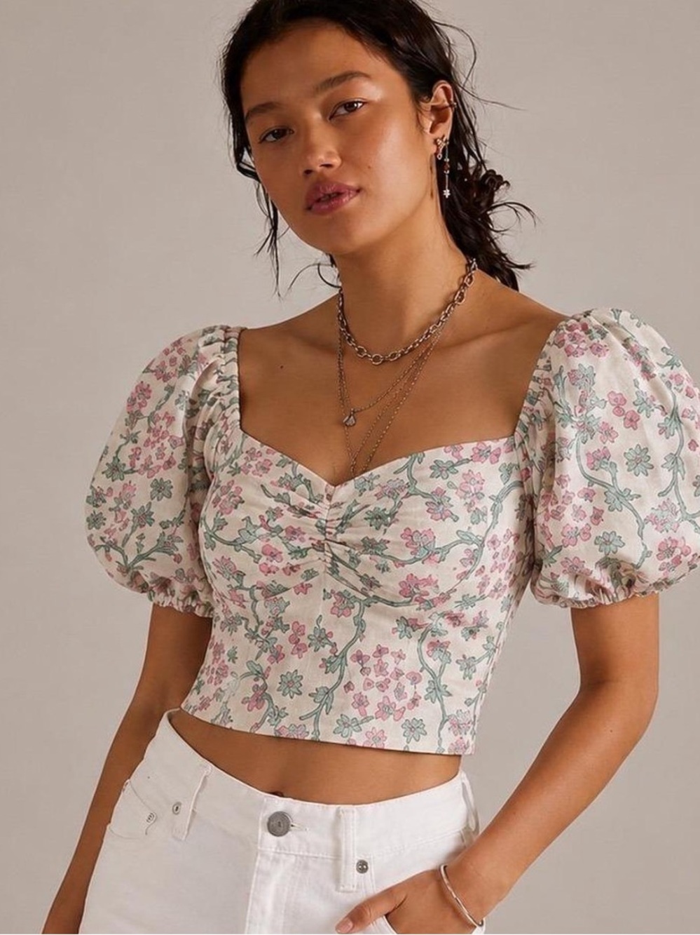 Abercrombie & Fitch Floral Puff-Sleeve Crop Top Pink & Green size XL boho chic